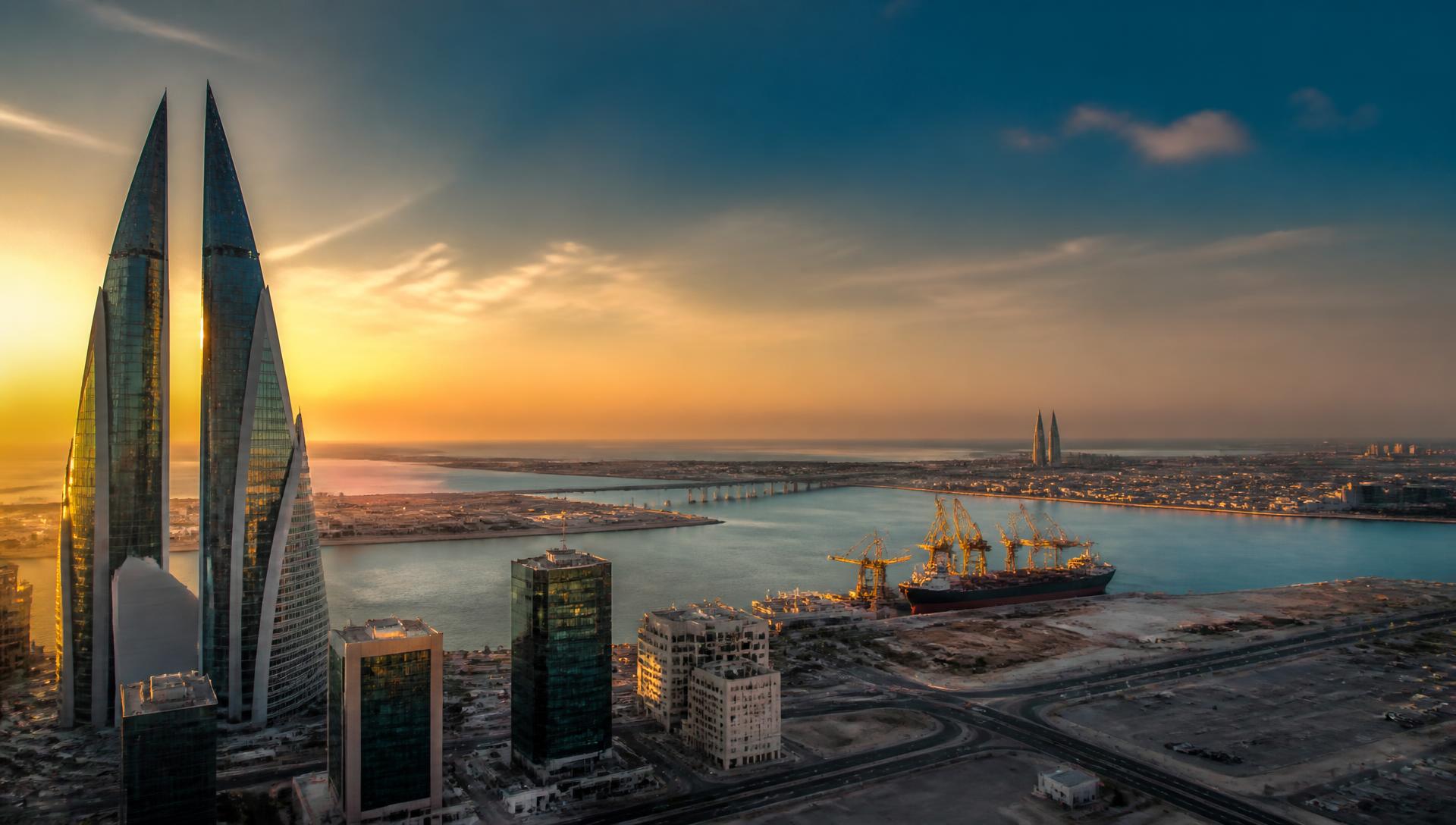 Bahrain skyline and industrial port at golden hour